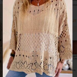 NWT Cream Tan Open Knit V-Neck Sweater Coverup Tunic